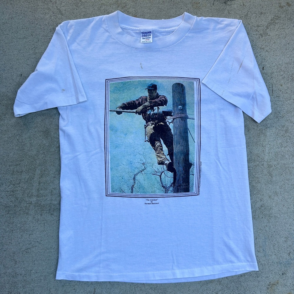 Norman Rockwell The Lineman Art Tee Large White Vintage 90s Rare USA Single St